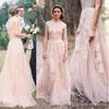 Vintage 2020 Wedding Dresses Sexy Deep V Neck Cap Sleeve Blush Lace Beach Bridal Gowns Layered Reem Acra Long A-Line Wedding Dress251y