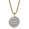 Iced Out Gold Plated Round Bitcoin Pendant Necklace with Rope Chain Hip Hop Mens Zircon Jewelry Gift