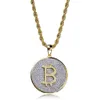 Iced Out Guldpläterad Runda Bitcoin Hängsmycke Halsband med Rope Chain Hip Hop Mens Zircon Smycken Gift