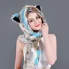 Faux Fur Hood Animal Hat Ear Flaps Hand Pockets 3 in1 Animals Hood Hats Warm Cap With Scarf Gloves341R