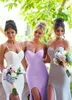 Graceful Lavender Satin Spaghetti Straps Neckline Floor-length Mermaid Bridesmaid Dresses With Charming Belt Slit Sheath Prom Part231g