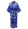 2018 New Arrival Blue Women Satin Kimono Bath Gown Lady Summer Sexy Robe Nightgown Flower Pajamas Size S M L XL XXL XXXL A-103