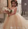 결혼식을위한 꽃 소녀 드레스 appliques 레이스 공 가운 샴페인 첫 번째 친교 드레스 소녀 미인 파티 가운