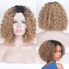 Kvinnor Kort Afro Wig Kinky Curly Hair Blonde Ombre Black Root Middle Part Wigs