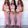 Moda Alta Neck Bridesmaids Vestidos Ver Através de Renda Sem Mangas No Tornozelo Comprimento Sereia Convidado Do Casamento Vestido de Festa Sexy Vestido de Baile Prom Barato