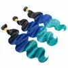 Brasilianische Drei-Ton-Menschenhaar-Webart-Bündel mit frontaler Körper-Welle 1B / Blau / Grün Ombre Haar spinnt mit voller Spitze-Frontalschließung 13x4
