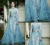 魅力的なZuhair Murad Mermaid Promドレス、取り外し可能なスカートスカイブルーレースアップリケビーズ長袖フォーマルドレスイブニングウェア