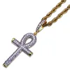 Hip Hop egyptisk Ankh Key Cross Hängsmycke Iced Out Guld Silver Färg Pläterad Micro Paved Zircon Pendant Halsband