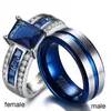Sz6-12 (TWO RINGS) Couple Rings His Hers Men's Titanium Steel Ring CZ Blue Zircon 18k Platinum Women's Rings Wedding Jewelry