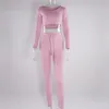 EUR Fashion Sexy Crop Top med Leggings Byxor 2 st \ Set Solid Stickade High Hip Clothing Tracksuits