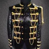 Men Court Jacket Singer Dancer Sequins Metal Chains Military Uniform male Stand Collar Stage Blazer Prom Party Shining Coat Bar Star Concert Nightclub Costumes
