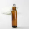 10ml 10g Amber Glass Roll på flaska Tom eterisk oljepfym Rollon Tube Stainless Steel Roller Ball Bottle Black Lid Travel Portable