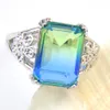 Latest style 925 Sterling Silver Plated Rings Luckyshine 10 Pcs Lot Ocean Rectangle Blue Green Bi colored Tourmaline Gems For Women Rings Je