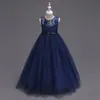Real Navy Blue Tulle Flower Girl Dresses With Bow A Line Floor Längd Kids Girls Pageant 2019 Vintage Lace First Communion Heliga Klänningar