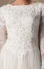 Elfenben champagne blygsamma bröllopsklänningar med långa ärmar boho spets tulle lds brudklänningar ärmad split a-line anpassade bröllopsklänning