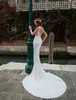 Pentelei 2018 Bröllopsklänning Högkvalitativ satin med spets Applique Beaded Wedding Dresses Mermaid Sweep Train Backless Bridal Gowns