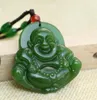 Feine natürliche handgeschnitzte schwarze grüne Jade-Buddha-Glücksamulett-Anhänger-Halskette A