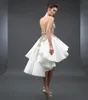 Little White Cocktail Dresses Sexig Sheer Neck 3D Spets Appliques Tulle ärmlös rygglös High Low Aline Prom -klänningar Vestidos de F1454483
