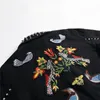 Punk Style Nouveau Design Automne Denim Veste Oiseau Abeille Floral Broderie Manteau Mince Noir Rivet Moto Noir Jeans Vestes