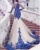 Elegant Sheer Royal Blue Appliques Mermaid Evening Dresses New O-Neck Sweep Tulle Long Sleeves Lace Women Evening Gowns Formal Prom Dresses