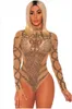 Sexig Turtleneck Rhinestone Mesh Bodysuit Kvinnor Jumpsuit Party Body Top Sequin Bodysuit Leotard Khaki Svart DLM32210