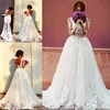 Arabic Long Sleeve Overskirts Wedding Dresses 2019 Backless Sheer Neck Appliqued Lace Wedding Dress Sexy See Through Mermaid Bridal Gowns