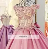 Baby Pink Prom -klänningar med stor båge tillbaka från axelpärlor formella klänningar spets applikation aftonklänning