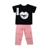 Dziewczyna Zestawy Odzież Baby Summer Shirt Lips Dziewczyny Odzież Zestaw Dzieci Dziewczyny Stroje Lato T Shirt + Rzęs Różowe Spodnie Moda Baby Odzież