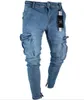 Ripped Pocket Blue Solid Color Denim Mens Slim Fashion High Street Biker Male Long Trousers Pencil Pants Jeans