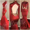 Robes de bal sexy rouges à cou rouge ouverte sirène sans dos sirène longue manches longues en dentelle appliquée robes de soirée mode robes de fête formelle de trous de mode