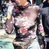Moda Bayan See-through Sırf Örgü Çiçek Baskı Uzun Kollu Bluz Tops Bodycon Parti Kulübü Gömlek Bluz Giyim Clubwear Tops