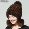 Echte nertsen hoed vrouwen winter bontmuts met 3 ballen Echte bont cap mode ladys bobble mutsen vos bont ballen ms.minshu