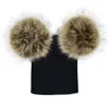 Partihandel 7Colors Kids Pom Pom Winter Knit Beanie Fotografi Faux Fur Hat Knit Cap Vinter Utomhus Varma Hattar Med Dubbel Fur Bollar På Top