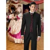 2020 New Fashionable Black Groom Tuxedos Stand Collar Groomsmen Best Man Mens Wedding Suits (Jacket+Pants+Vest+Tie) D:221