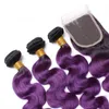 Paquets de poils humains violets ombre avec une fermeture de fermeture de la fermeture Black et violet ombre extensions de cheveux vierges avec 4x4 en dentelle CLOLU8150109