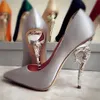 Zapatos Mujer Fretwork Metal Heel Fashion Luxury Satin Silk Pumps Pointed Toe Party Dress Shoes Sexy Slip On Women Wedding Shoes High Heels