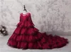 Amazing Multi-Layer Girls Pageant Gowns Dark Red Lace Long Sleeves Appliques Beads Flower Girl Dresses For Wedding Long Train Part276i