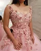 New Hot Sexy Pink Quinceanera Dresses Rose Petal Hand Made Flowers A Line V Neck Floor-Length Arabic Dubai Style For Party Prom Gowns