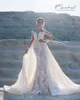 2019 sjöjungfru bröllopsklänningar med avtagbara kjolar Sheer Jewel Neck Lace Appliqued Sweep Train Långärmad Brudklänning Modest Bröllopsklänning