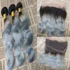 Virgin Brazilian Human Hair Bundles with 360 Lace Frontal Omber #1B/Sliver Body Wave Hair Weft Weave with Lace closure Remy Hair Extensions