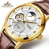 AESOP Moon phase Calendar Blue Dial Gold Mens Mechanical Watches Top Genuine Leather Strap Skeleton Watch