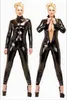 Hot Sexy Black Catwomen Jumpsuit PVC Spandex Latex Catsuit Kostymer för Kvinnor Kroppsdrag Fetisch Läder Klänning Plus Storlek XS-5XL