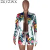 ZKYZWX Sexy Zwei Stück Set 2018 Sommer Herbst Neue Langarm Anzug Mantel + Blumen Druck Shorts Casual 2 Stück passenden Club Outfits