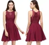 Burgundy Lace Beaded A Line Chiffon Short Homecoming Dresses Cocktail Party Dresses For Young Girls Jewel Neck Graduation Gowns HY208