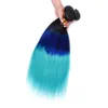 # 1B / Blau / Grün Ombre Brasilianisches Reines Haar Spinnt mit Verschluss Gerade Drei Ton Ombre Menschliches Haar 3 Bundles mit 4x4 Spitzenverschluss