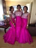 남아프리카 Shinning 구슬 신부 들러리 드레스 새틴 인어 모자 슬리브 Pus 사이즈 하녀의 명예 가운 2 스타일의 들러리 드레스