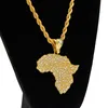 Collana da donna con ciondolo mappa Africa catena da uomo placcata in oro giallo ghiacciato con strass pavimentati gioielli Bling Bling Hiphop