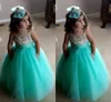 ターコイズブルーグリーンフローガールズドレスかわいいスパゲッティ誕生日ガウンストラップクリスタルビーズチュール幼児のページェントドレス女の子のためのドレス
