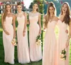 Pink Navy Long Bridesmaid Dress 2022 Blandad halsringning Flödeschiffong Summer Blush Bridesmaid Formella promfestklänningar med ruffles HY17