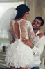 Kant korte mini trouwjurken strand kant lange mouw pure back a-line sexy Saoedi-Arabië korte bruidsjurken voor feestjurken 23